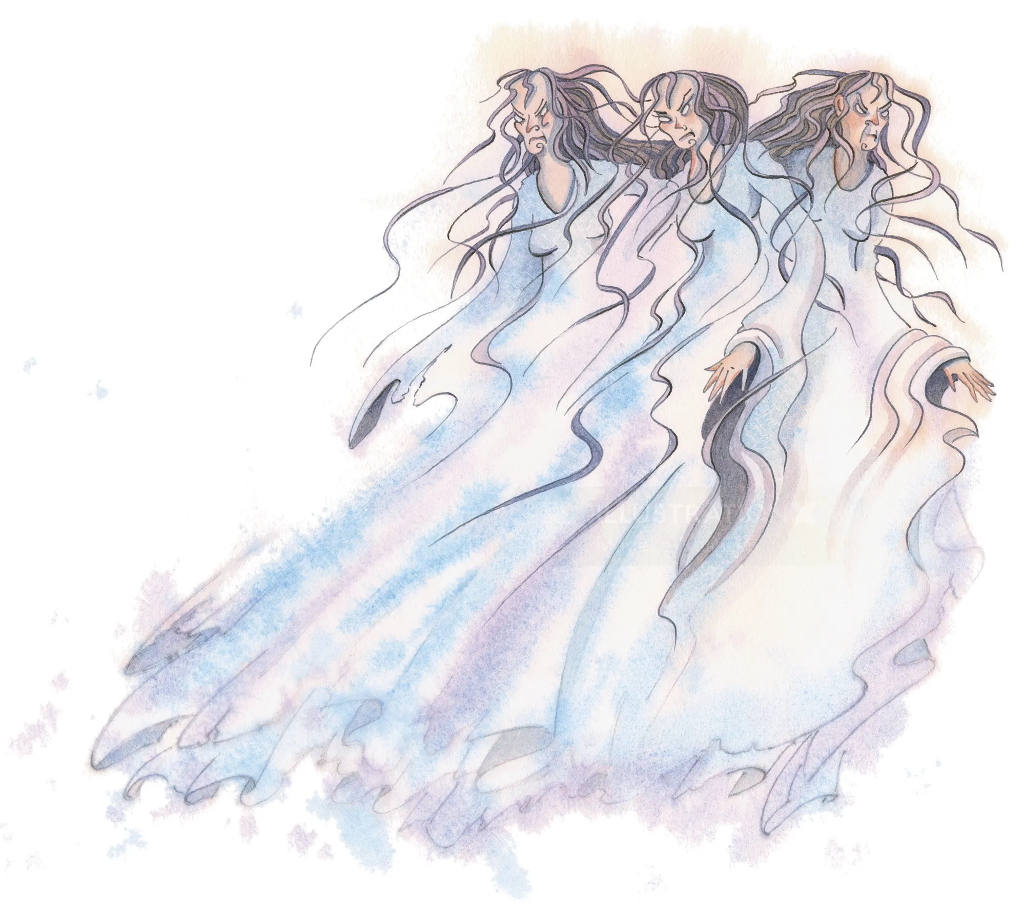 Ghostly women in flowing blue dresses with long hair by Marieke Nelissen