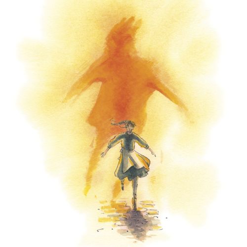 Illustration of person running from a large shadowy monster figure by Marieke Nelissen