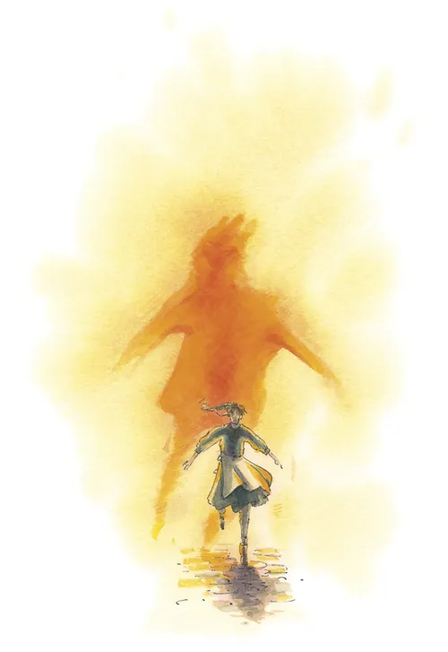 Illustration of person running from a large shadowy monster figure by Marieke Nelissen