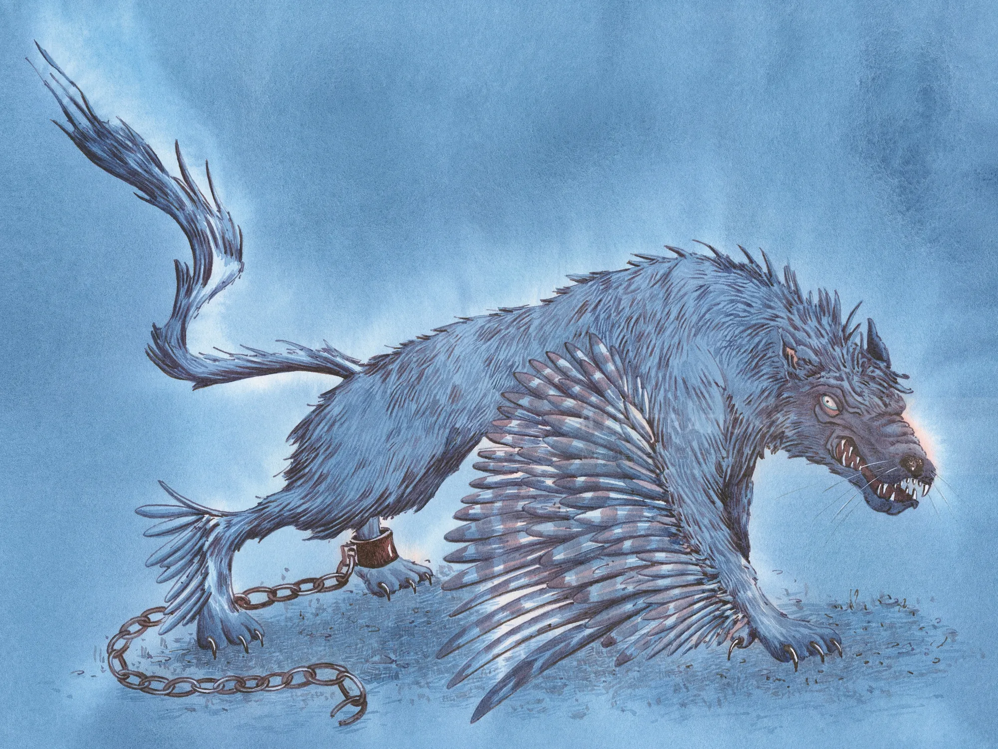 Illustration of a winged, chained beast from Dutch folklore by Marieke Nelissen