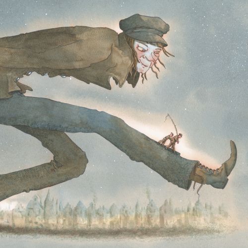 Giant creature with exaggerated limbs in a folklore style by Marieke Nelissen