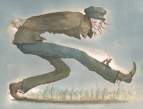 Giant creature with exaggerated limbs in a folklore style by Marieke Nelissen
