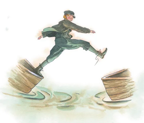 Man in old-fashioned clothes jumping between broken pots by Marieke Nelissen