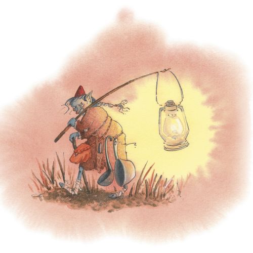 Illustration of an old woman with a lantern and sack, by Marieke Nelissen