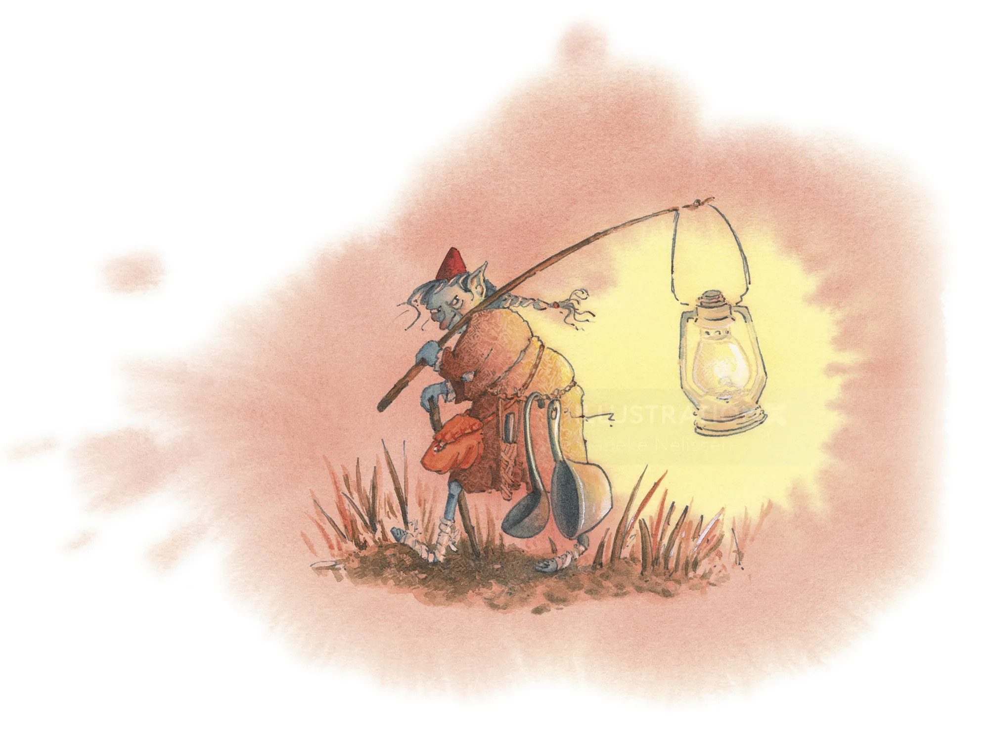 Illustration of an old woman with a lantern and sack, by Marieke Nelissen
