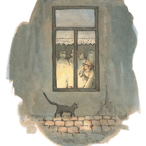 Man smoking by window with black cat walking outside, illustration by Marieke Nelissen