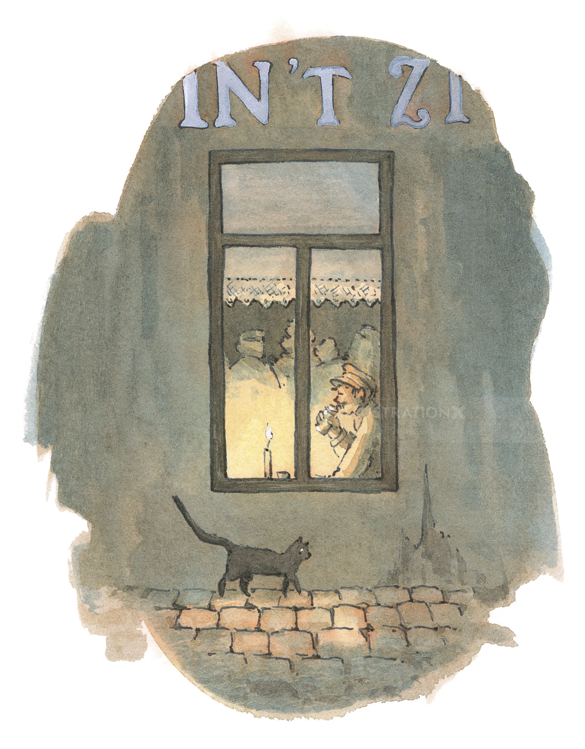 Man smoking by window with black cat walking outside, illustration by Marieke Nelissen