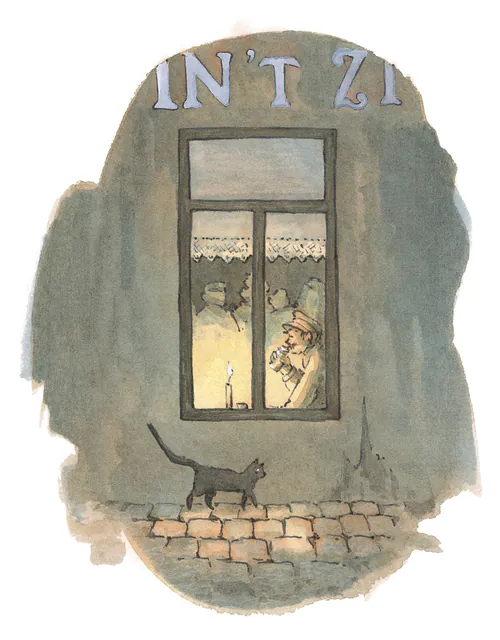 Man smoking by window with black cat walking outside, illustration by Marieke Nelissen