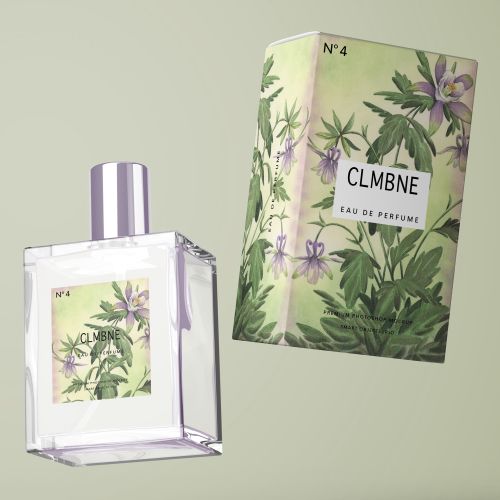 Perfume bottle and boxed packaging with floral design by Marieke Nelissen