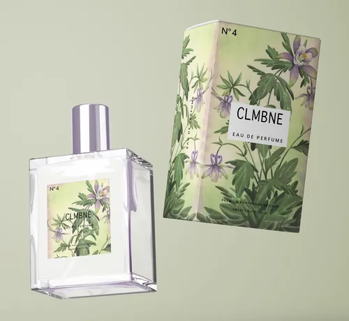 Perfume bottle and boxed packaging with floral design by Marieke Nelissen