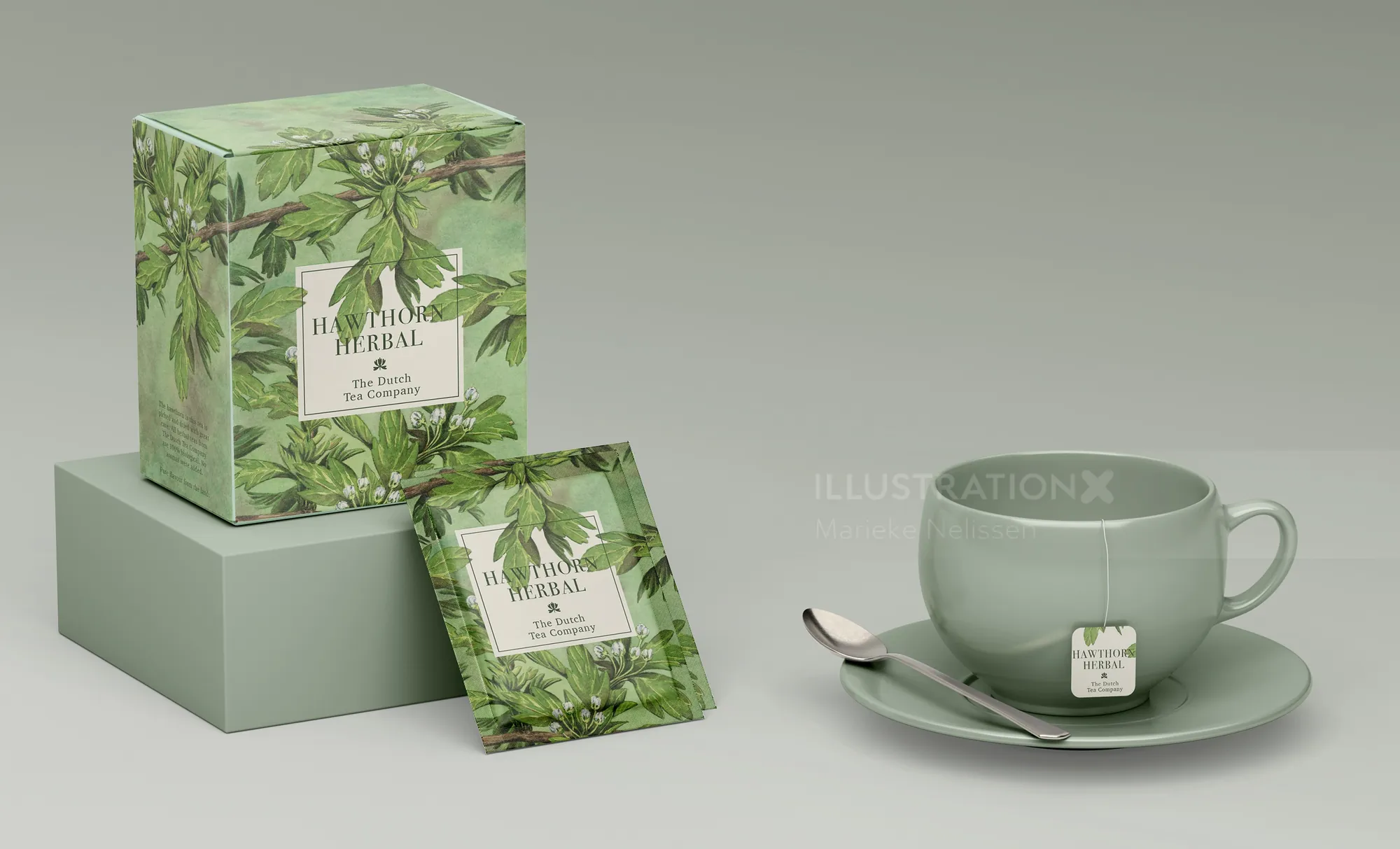 Illustration of herbal tea packaging and cup by Marieke Nelissen