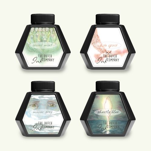 Ink bottles with four unique label designs by Marieke Nelissen