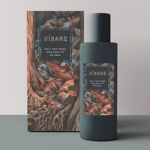 Mockup of a perfume bottle and matching box with artistic nature design by Marieke Nelissen
