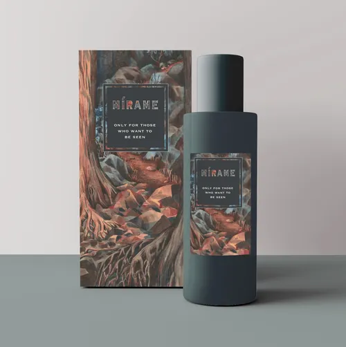 Mockup of a perfume bottle and matching box with artistic nature design by Marieke Nelissen