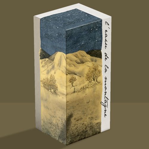 Illustration of a mountain landscape on perfume packaging by Marieke Nelissen