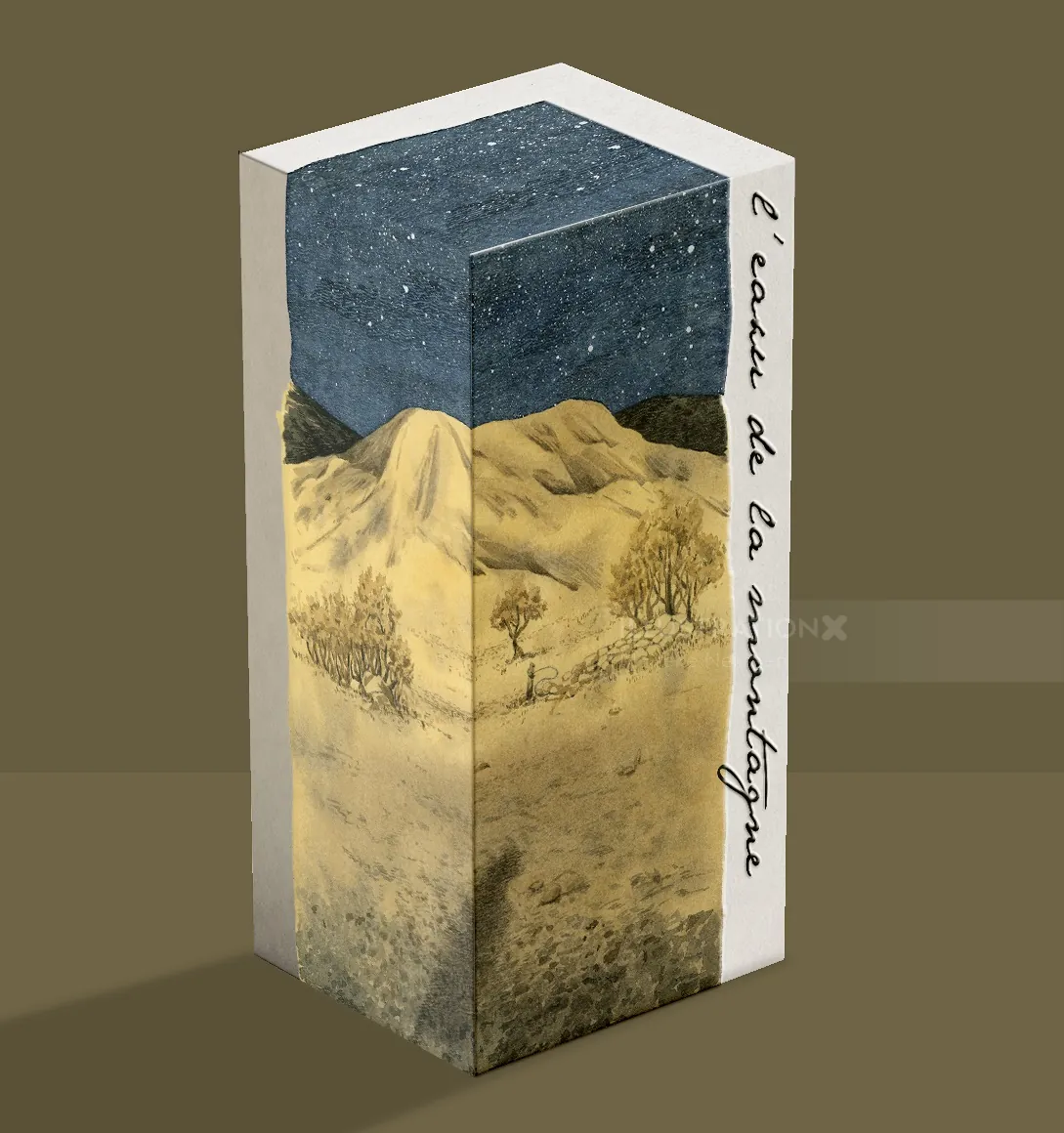 Illustration of a mountain landscape on perfume packaging by Marieke Nelissen