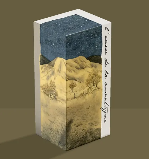 Illustration of a mountain landscape on perfume packaging by Marieke Nelissen