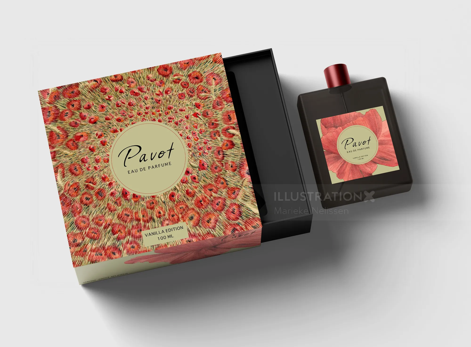 Maquette du flacon de parfum Pavot et de son coffret à motifs floraux par Marieke Nelissen