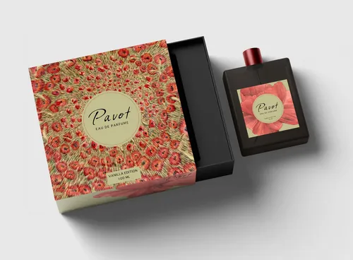 Mockup of Pavot perfume bottle and floral patterned box by Marieke Nelissen