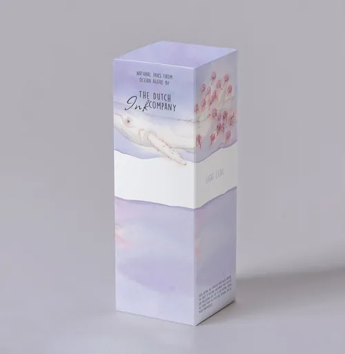 Packaging mockup of The Dutch Ink Company featuring gentle purple hues by Marieke Nelissen