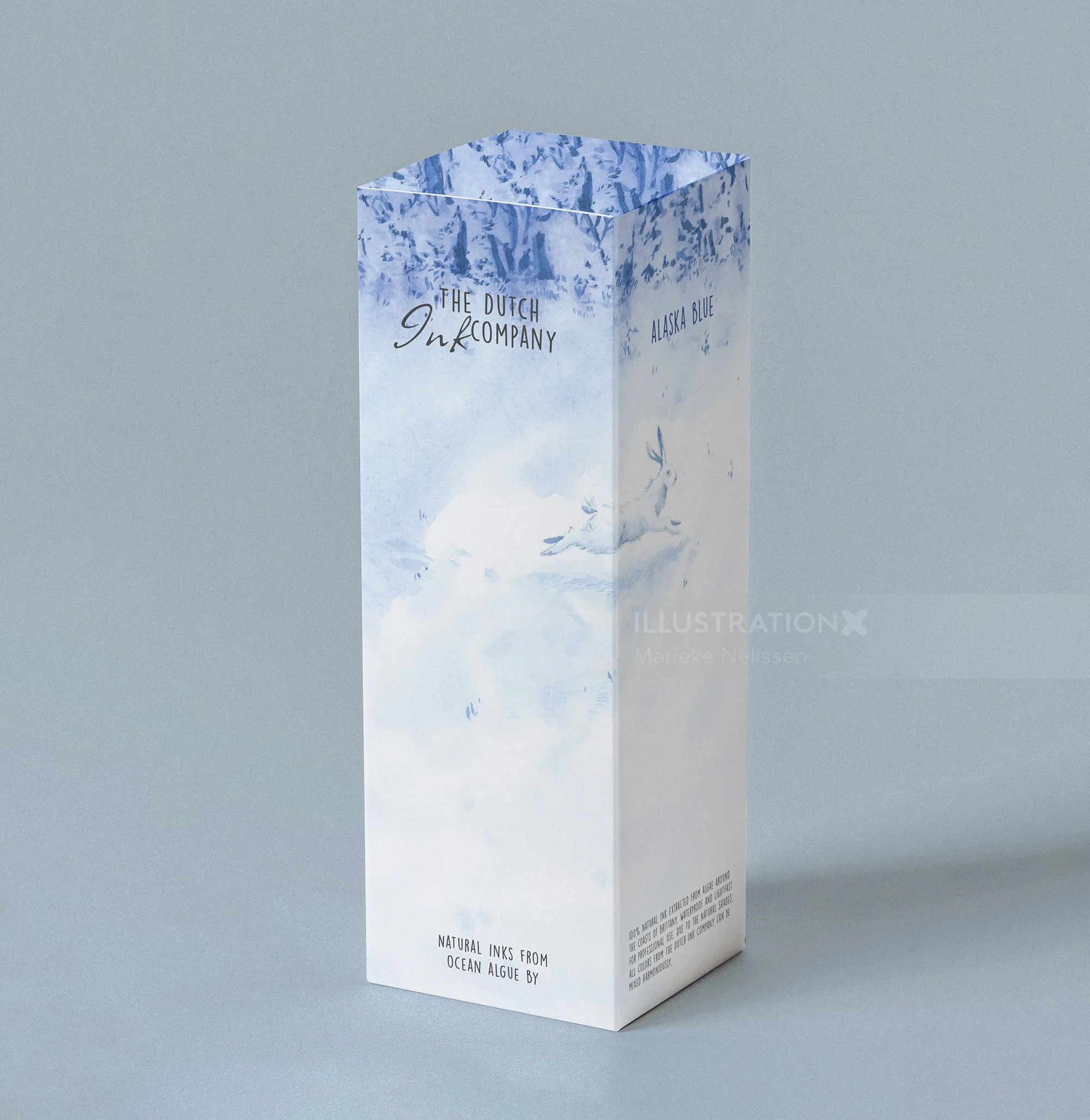 Ink brand packaging mockup with blue watercolor design by Marieke Nelissen