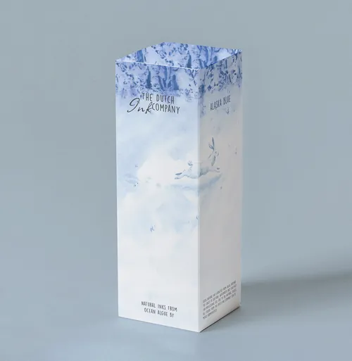 Ink brand packaging mockup with blue watercolor design by Marieke Nelissen
