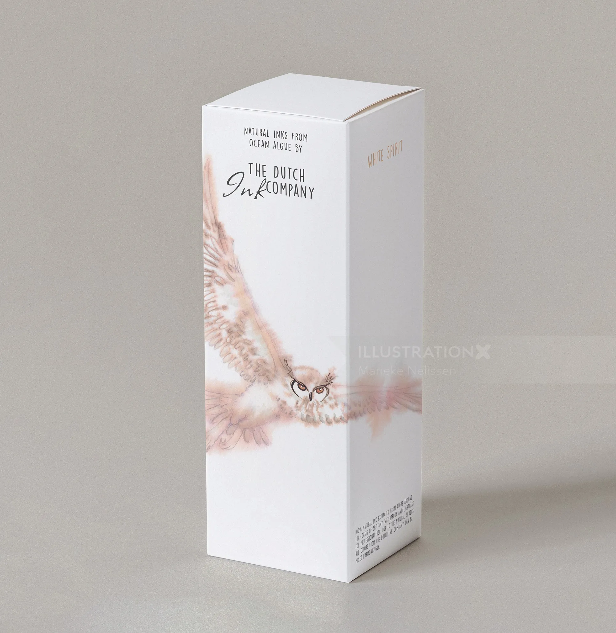 Ink packaging with owl illustration by Marieke Nelissen