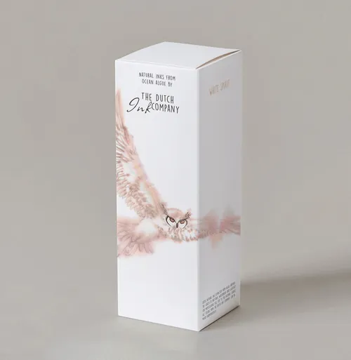 Ink packaging with owl illustration by Marieke Nelissen