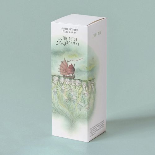 Packaging illustration with a sailing ship and decorative waves, by Marieke Nelissen