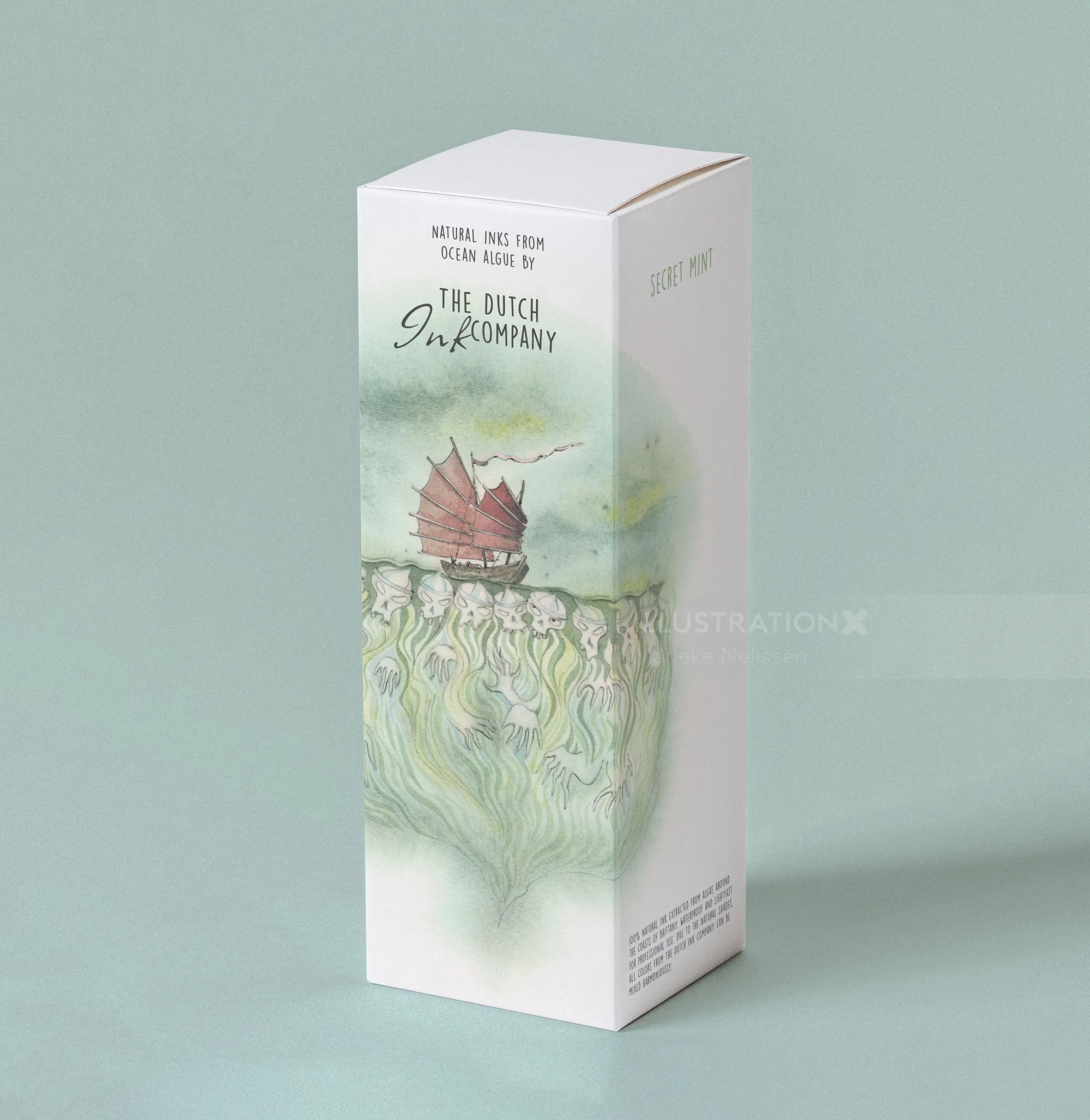 Packaging illustration with a sailing ship and decorative waves, by Marieke Nelissen