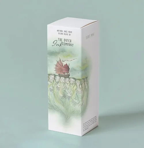 Packaging illustration with a sailing ship and decorative waves, by Marieke Nelissen