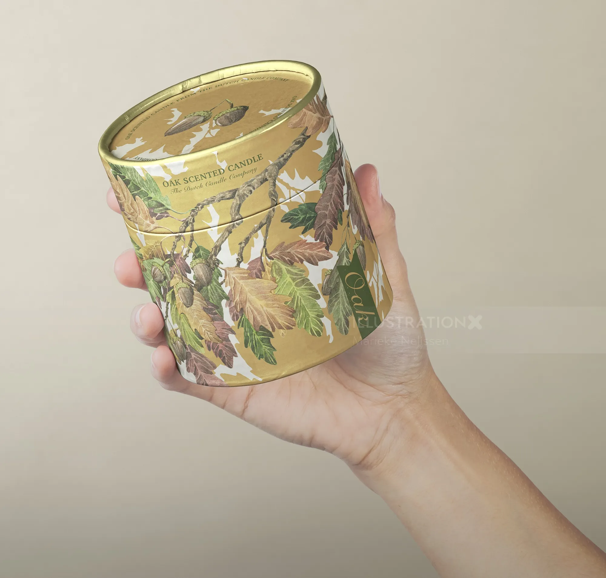 Hand holding scented candle with botanical illustration by Marieke Nelissen