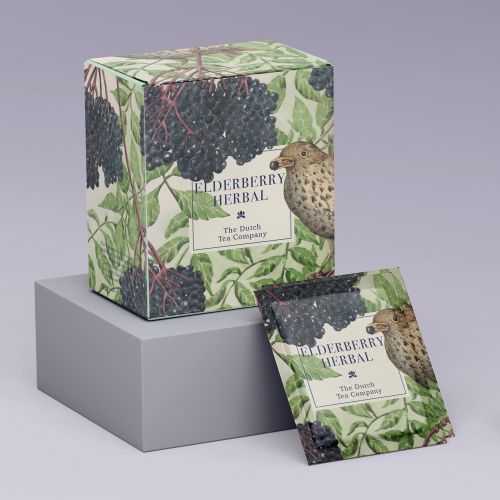 Herbal tea box and tea bag with cup and saucer by Marieke Nelissen
