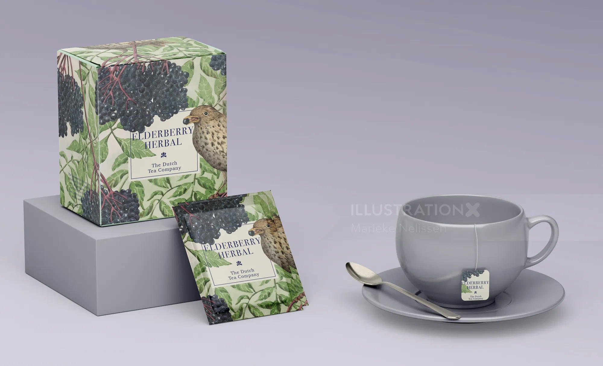 Marieke Nelissen 出品的花草茶盒、茶包、茶杯和茶碟