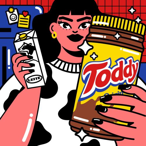 Stylized illustration of a woman holding Toddy jar and milk carton by Marina Procházka