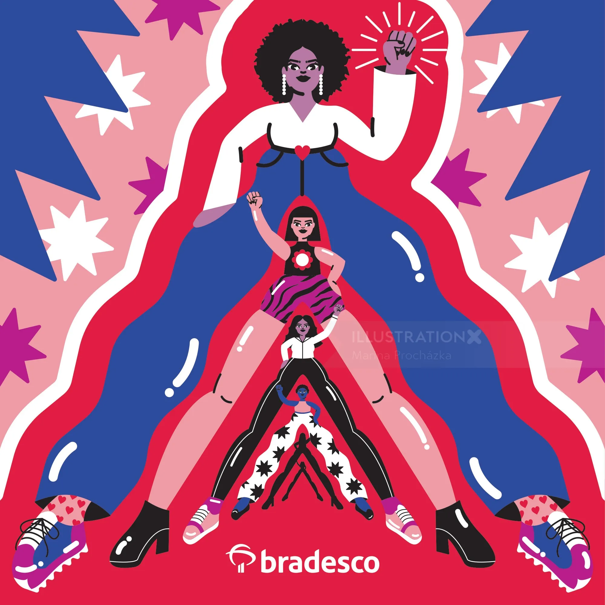 Illustration of three empowered women standing boldly by Marina Procházka