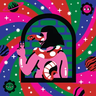 Colorful space woman with snake in cosmic background by Marina Procházka