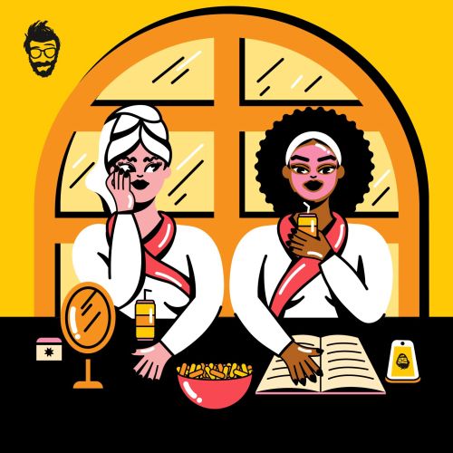 Two women in bathrobes applying skincare and relaxing by window by Marina Procházka