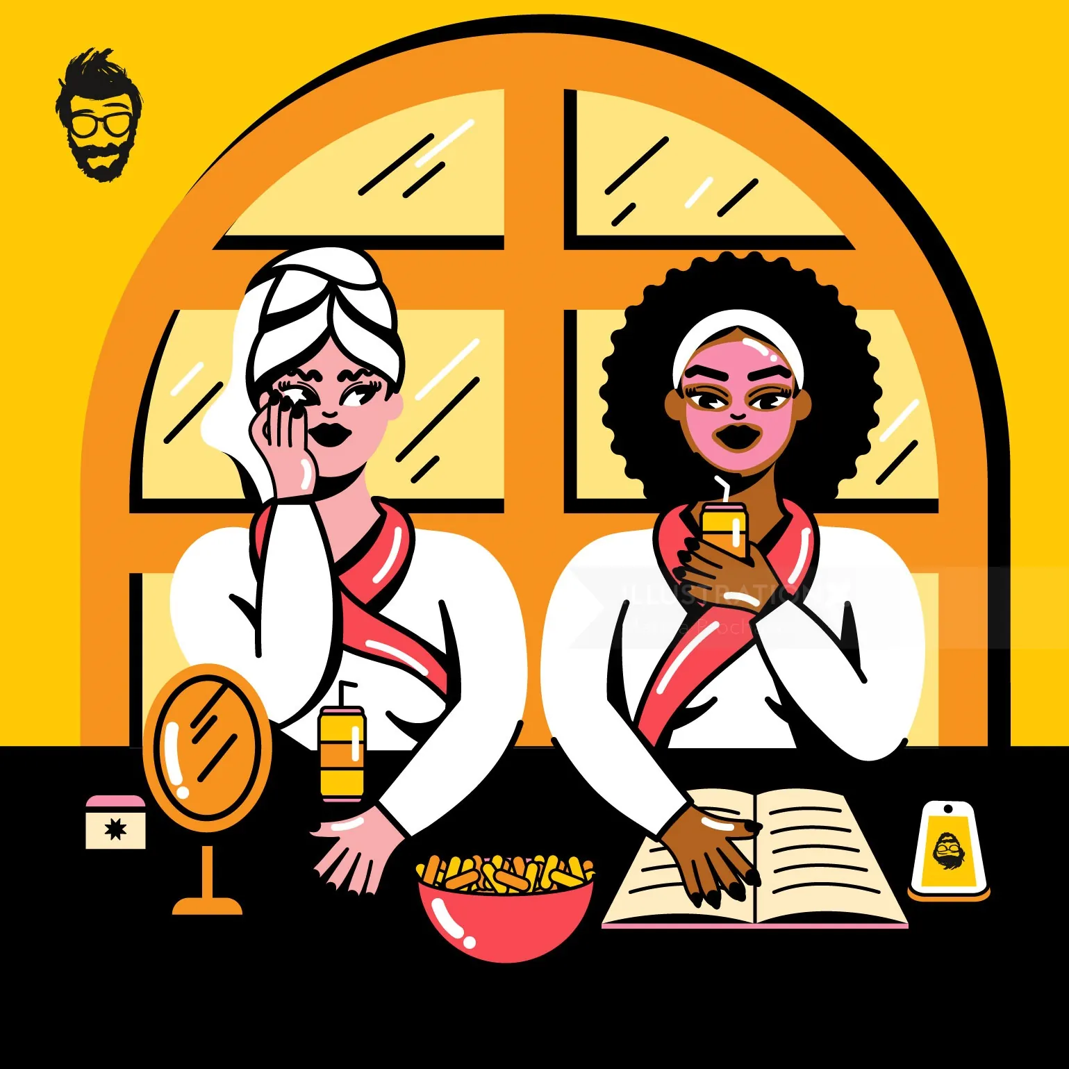 Two women in bathrobes applying skincare and relaxing by window by Marina Procházka
