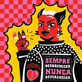 Devil figure wearing punk sweater with text by Marina Procházka