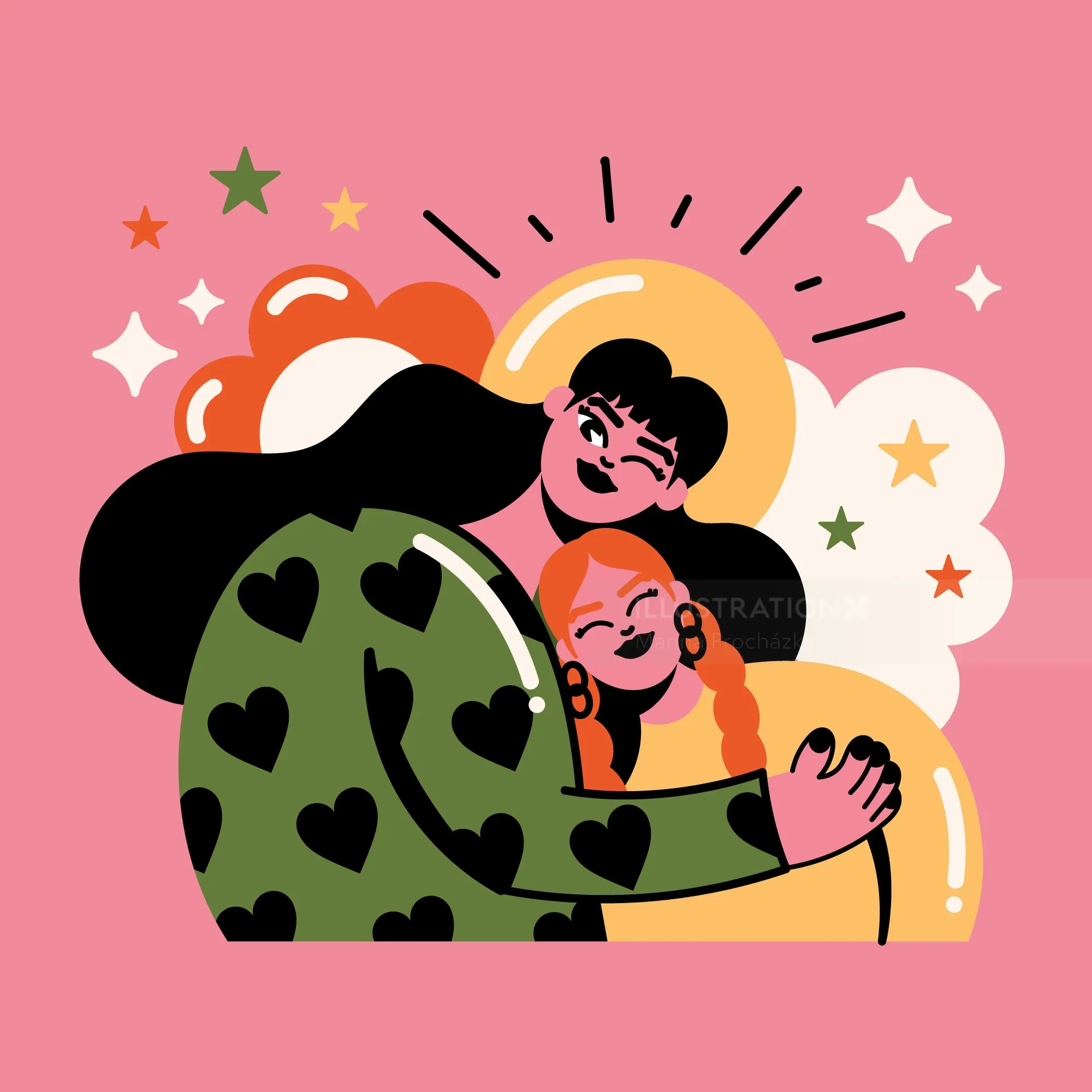 Two women hugging with hearts and stars, illustration by Marina Procházka