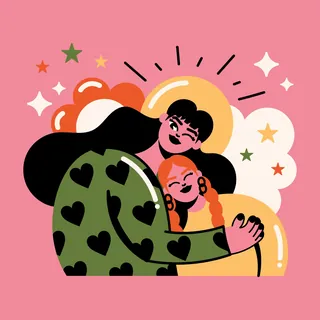 Two women hugging with hearts and stars, illustration by Marina Procházka