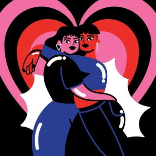Two women hugging in front of large red and pink hearts by Marina Procházka