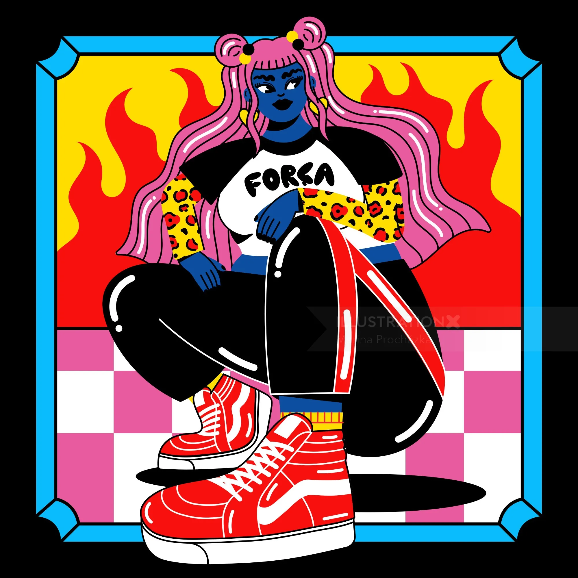 Stylized woman with pink hair, red sneakers, and flames background by Marina Procházka