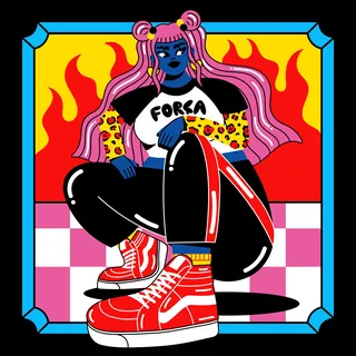 Stylized woman with pink hair, red sneakers, and flames background by Marina Procházka