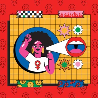 Illustration of a woman raising fist with feminist symbol, by Marina Procházka