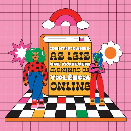 Illustration of two women standing by a large book about laws protecting girls online by Marina Proc