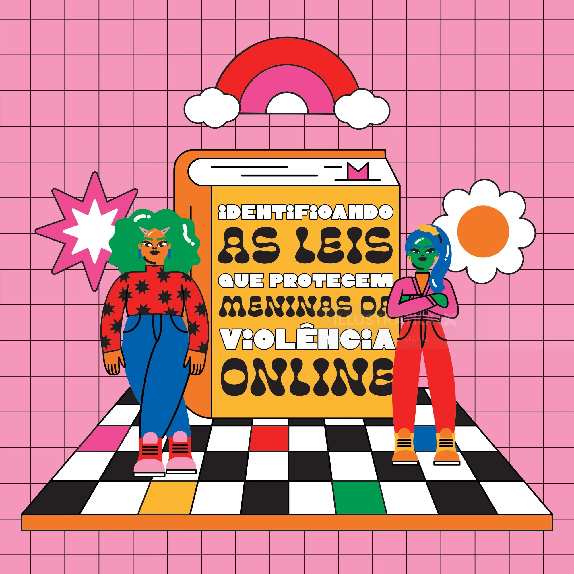 Illustration of two women standing by a large book about laws protecting girls online by Marina Proc