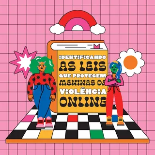Illustration of two women standing by a large book about laws protecting girls online by Marina Proc