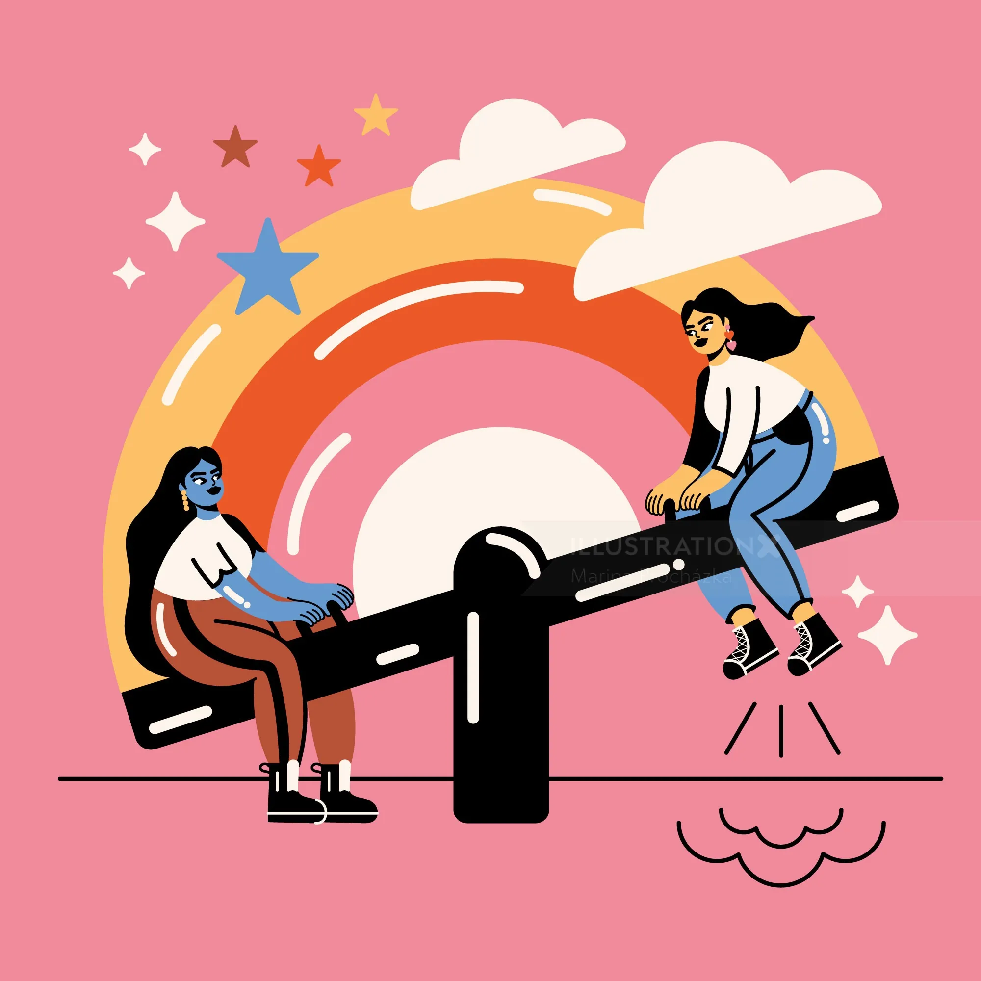 Two women playing on a seesaw with colorful sunset background by Marina Procházka